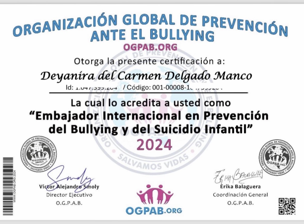 Certificado Oficial Embajadora Internacional OGPAB